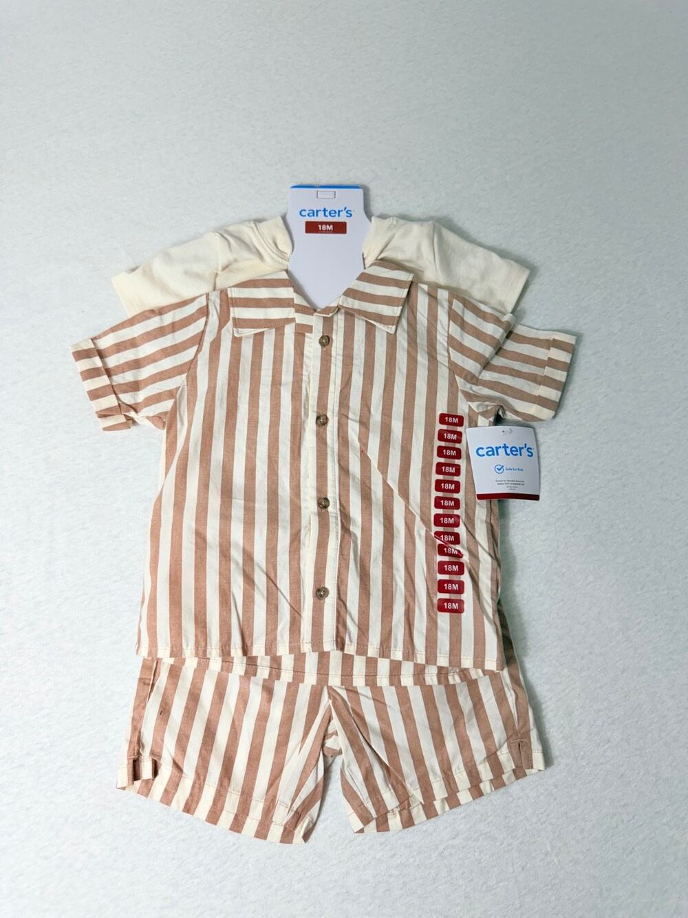 Carter's Layette Outfit Set Boy’s Months Beige Stripe Beach Shorts 3 Pieces 18M